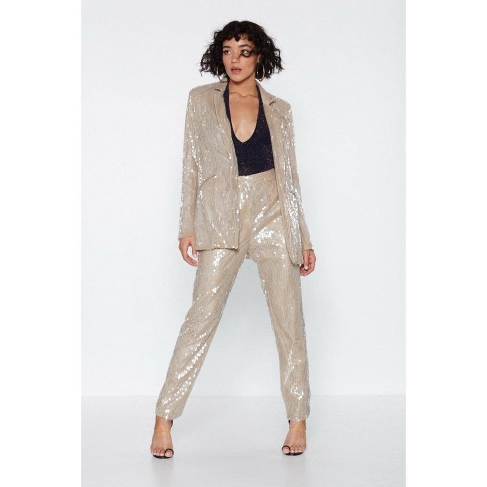 Nasty Gal Champagne Sequin Blazer Party Open Front Size US 2 Jacket Only - Picture 7 of 11